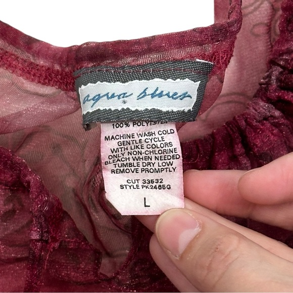 Vintage Aqua Blues 90s Sheer Burgundy Blouse Womens Large - Picture 2 of 5